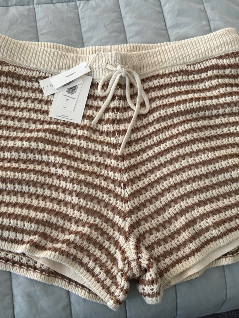Cream and Brown Striped Knit Women's Shorts - Cozy Casual Pull-On